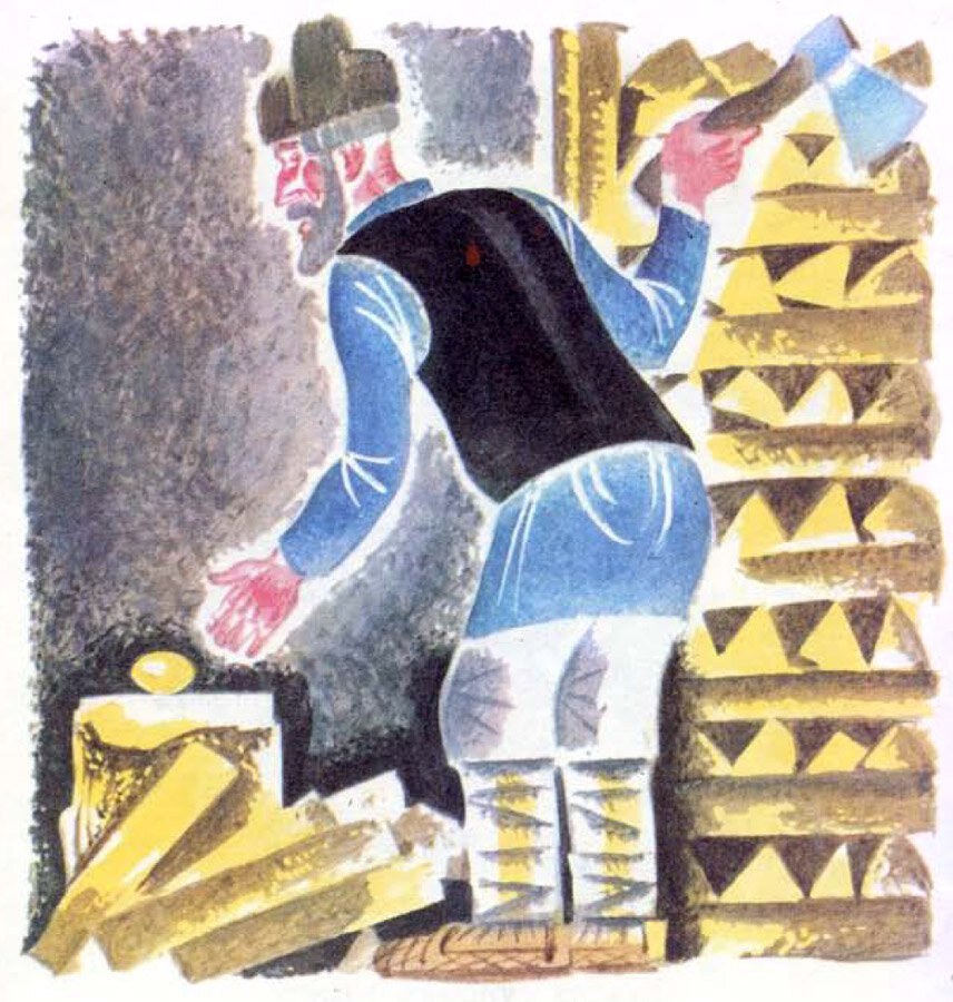Книжная иллюстрация: женщина в синей кофте и белом платке нагнулась у поленницы, в руке топор