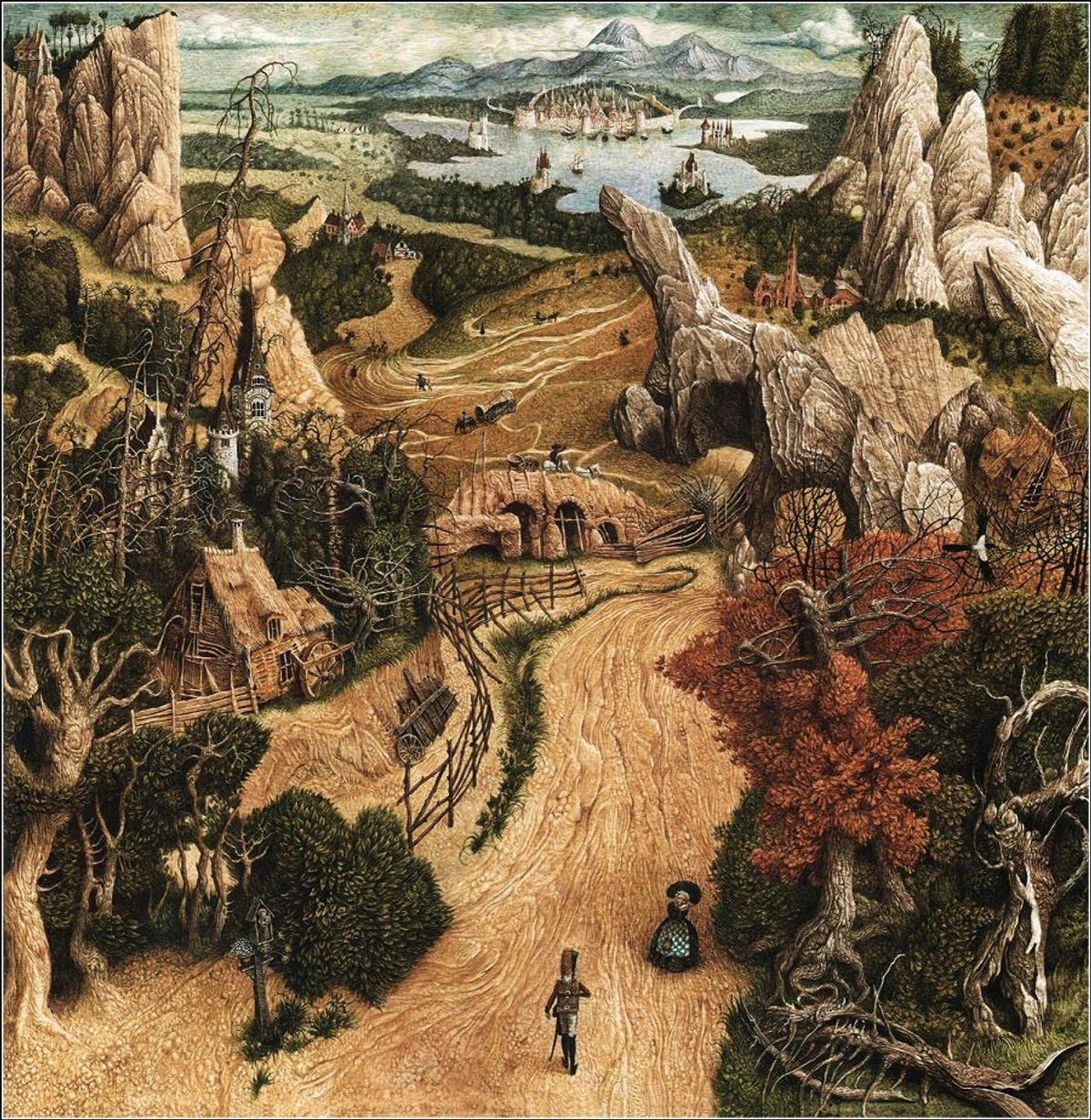 Подробная книжная иллюстрация: солдат шагает по широкой дороге среди скал и кривых деревьев, впереди ведьма, вдали город у воды
