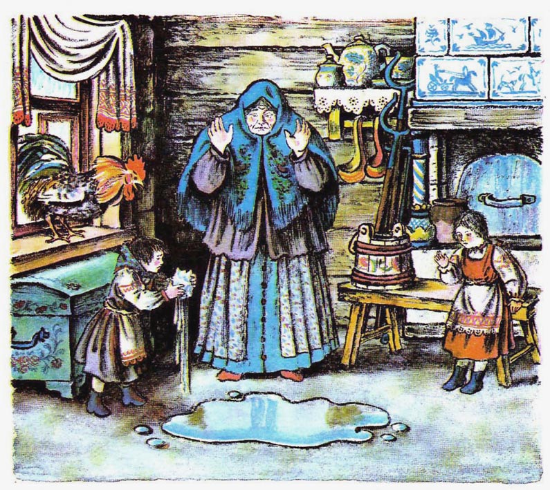 Книжная иллюстрация: старуха в синем платке разводит руками над лужей на полу избы, рядом стоят две девочки, на окне сидит петух