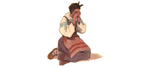 Книжная иллюстрация на белом фоне: женщина в сарафане стоит на коленях и закрывает лицо руками