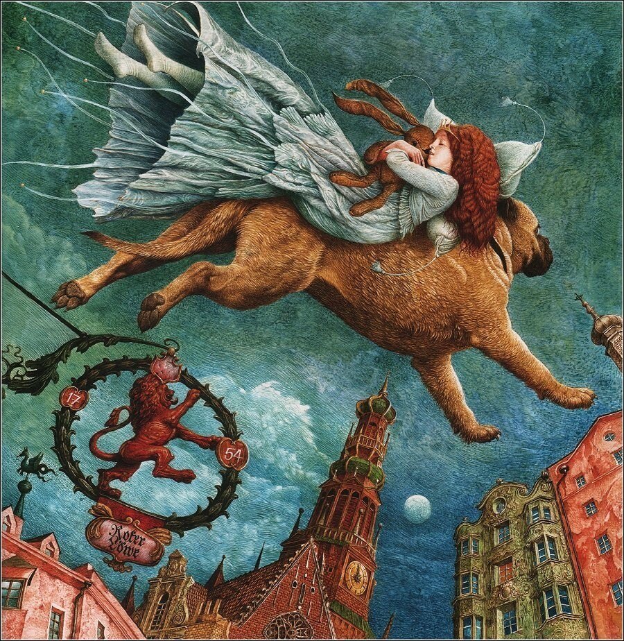 Книжная иллюстрация: спящая рыжеволосая принцесса лежит на спине огромной собаки, которая несётся над крышами ночного города