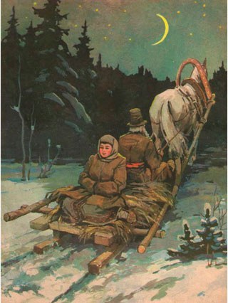 Книжная иллюстрация: старик везёт девушку на санях в ночной зимний лес, впереди белая лошадь, в небе месяц