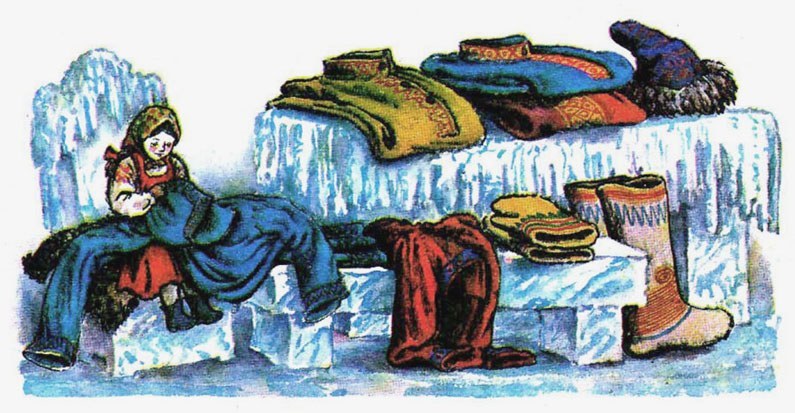 Книжная иллюстрация: девушка сидит на ледяной лавке, укрытая шубой, вокруг сложены шали, шубы и сапоги