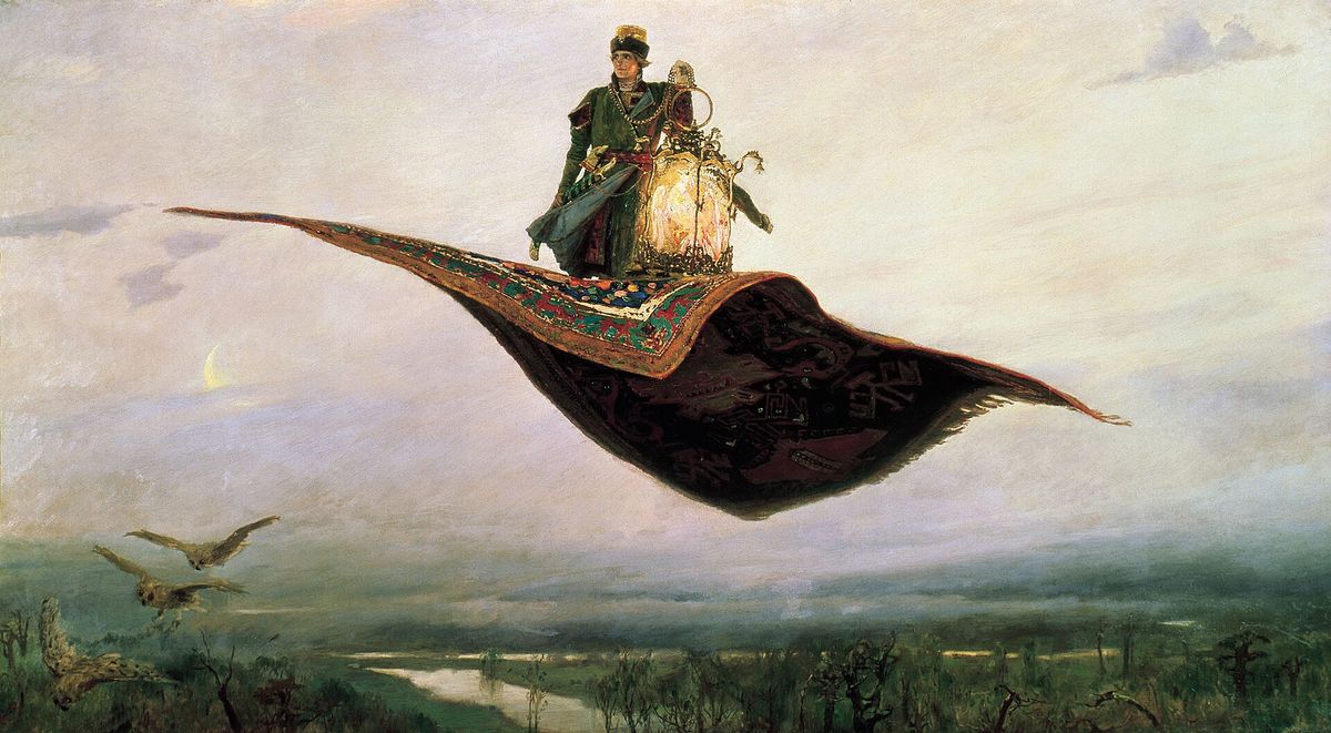 Иван-царевич летит на ковре-самолёте над рекой и лугами, держа клетку с Жар-птицей